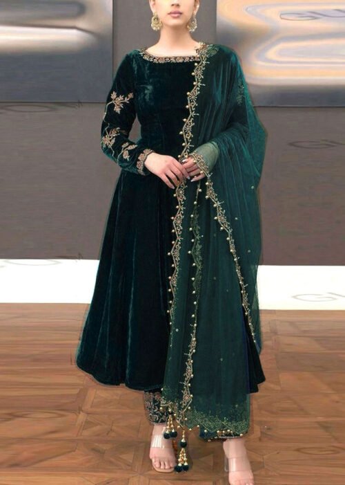 Decent Embroidered Velvet Dress with Organza Dupatta - Zinc