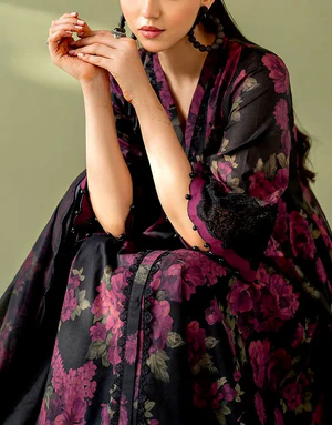 Floral embroidered black lawn dress for Eid and party wear