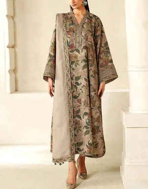 light taupe embroidered lawn dress with chiffon dupatta 3 piece suit