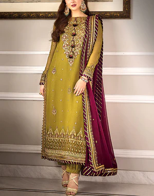 Elegant Heavy Embroidered Chiffon Mehndi Dress for Weddings